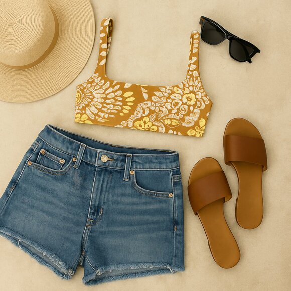 Aerie Tan White Floral Scoop Bralette Bikini Top Coastal Swim XL - Picture 2 of 8